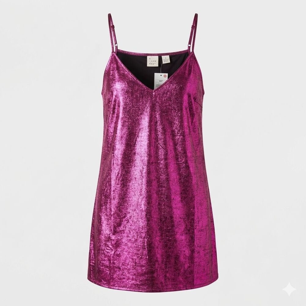 A New Day Large Pink Metallic Slip Dress Y2K Shimmer V-Neck Mini Party Camisole